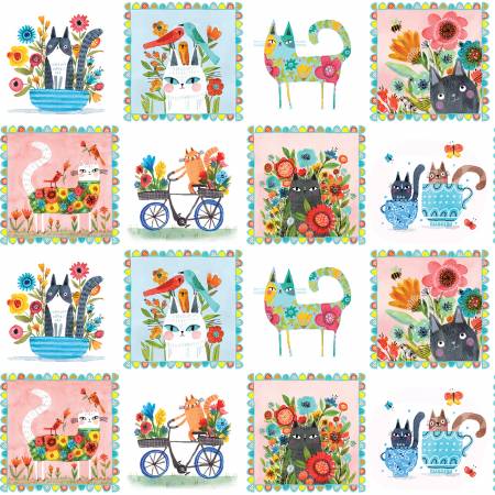 [1634599B] Garden Cats Panel, Terry Runyan, Benartex Fabrics