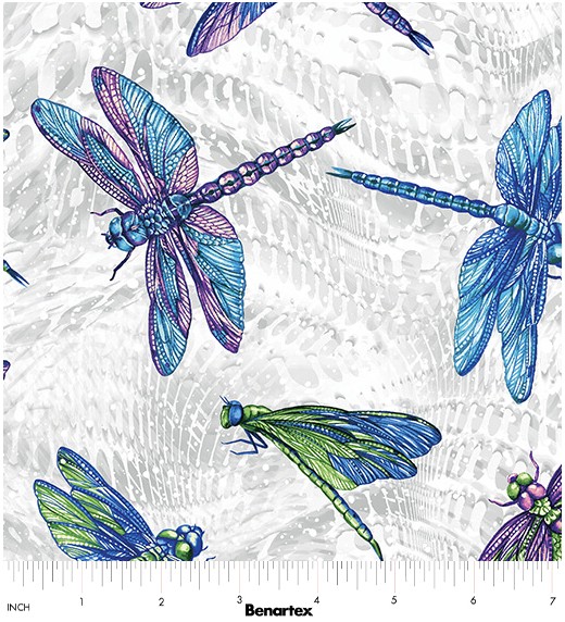 Large Dragonfly Grey, Ann Lauer, On Dragonfly Wings, Benartex Fabrics