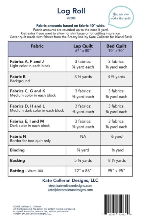 Log Roll Quilt Pattern, Kate Colleran Designs
