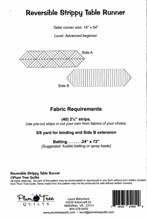 Reversible Strippy Table Runner Pattern, Plum Tree Quilts