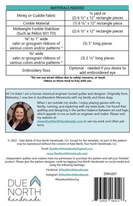 Dino Crinkle Toy Pattern, Due North Handmade