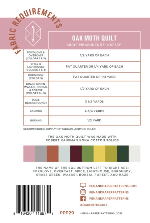 Oak Moth Quilt Pattern, Pen + Paper Patterns
