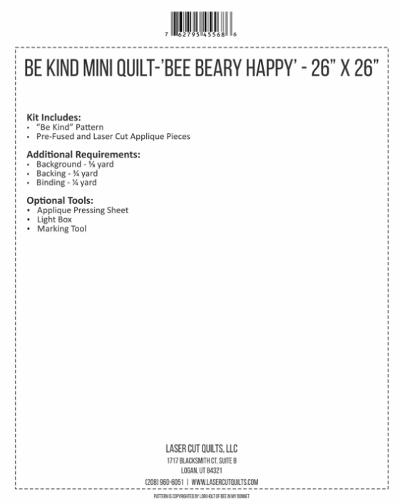 Laser-Cut Kit: Be Kind (Bee Beary Happy) by Ameroonie Designs