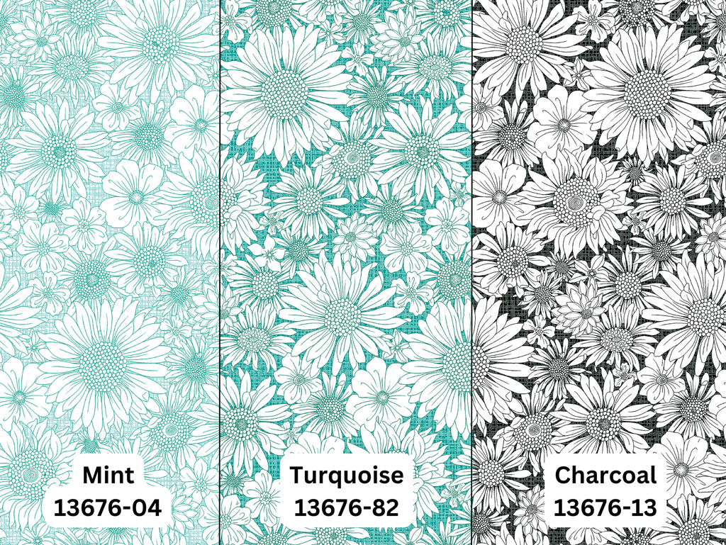 Mint, Turquoise, Charcoal Upsy Daisy, Pat Sloan, Benartex Fabrics