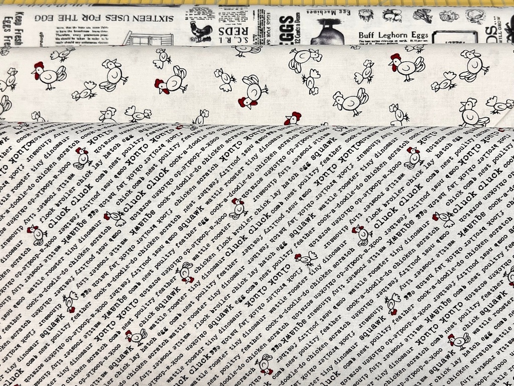 Diagonal Chicken Words, Zooming Chickens, Yards shown, StudioE Fabric