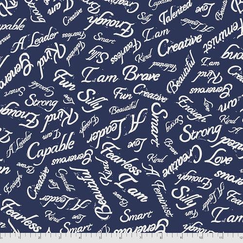 Blue Word Fabric, I Am, Enchanted, Valori Wells, FreeSpirit Fabrics