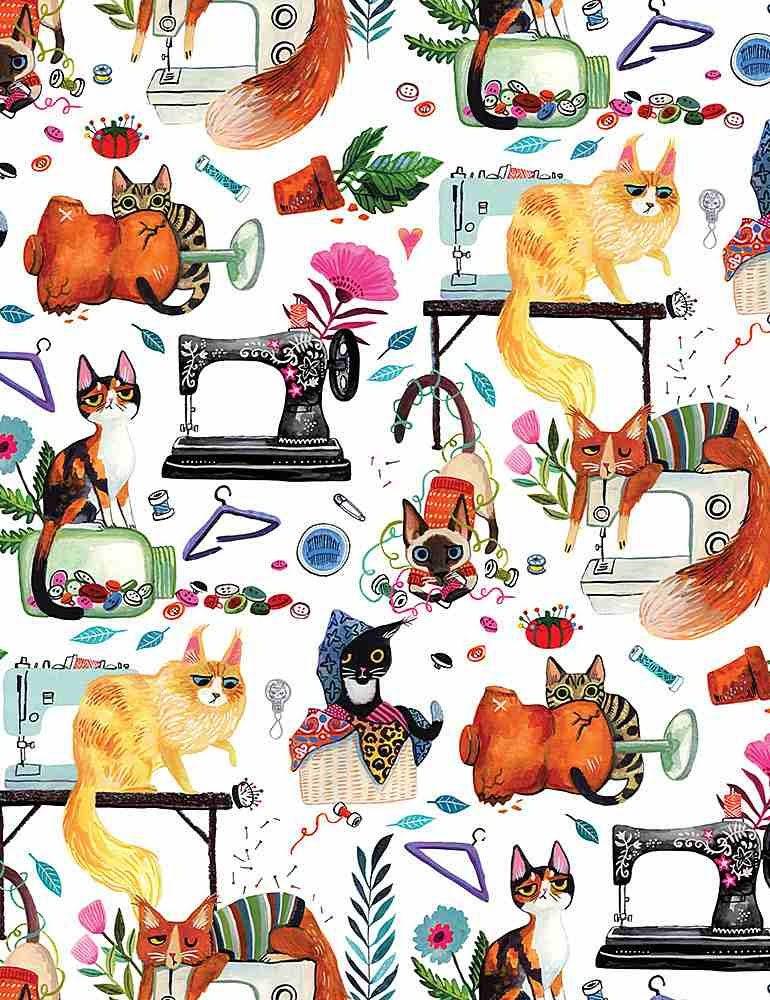Cuddle Cat Fabric, Sew Mischievous Minky, Polyester Digital 58/60in, Dear Stella