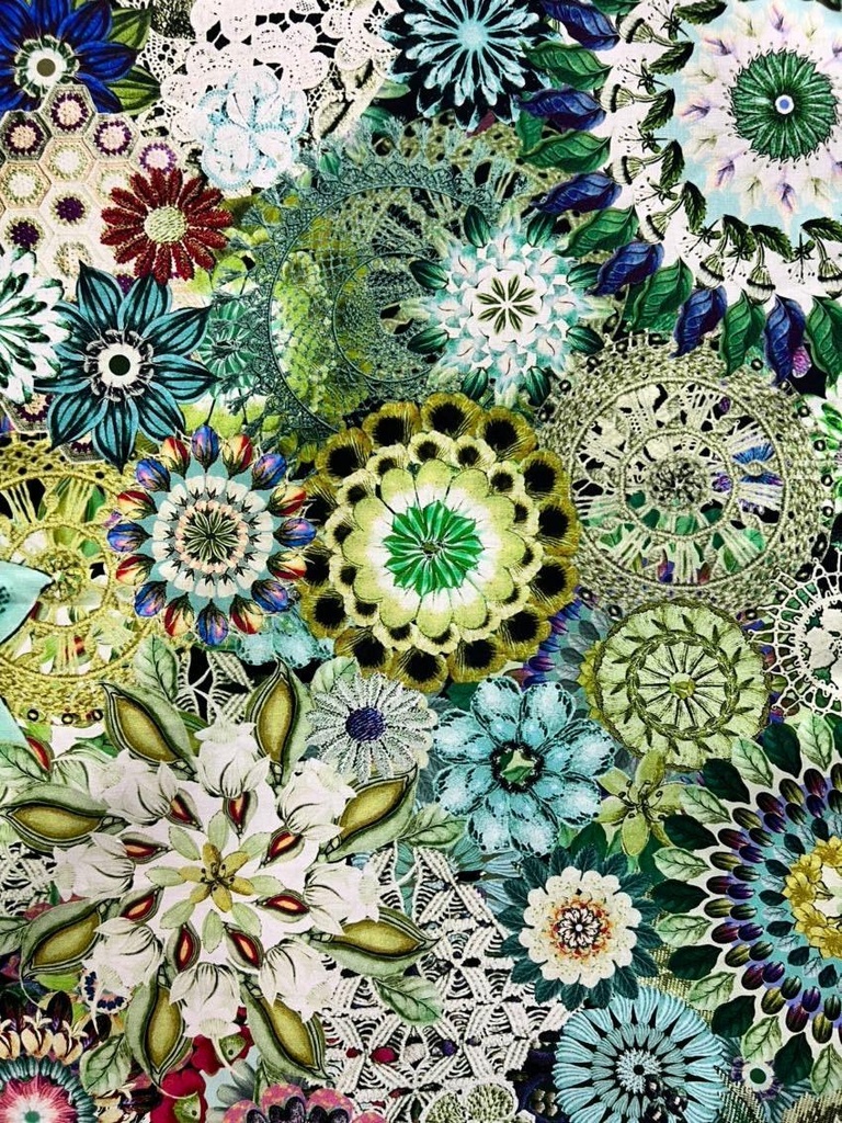 Floral Cotton Wide back, Green Crochet Flowers by P&B Textiles