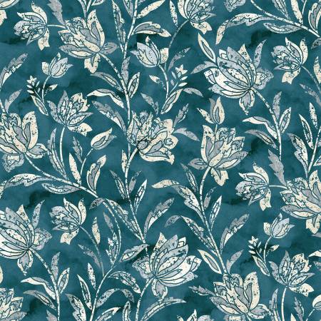 Teal Floral Stencil, Rough Around the Edges, StudioE Fabrics