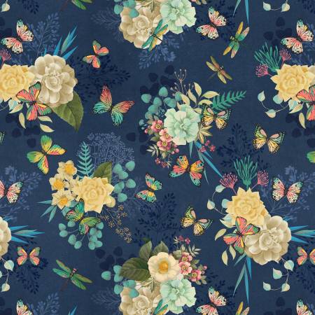 Blue Floral Navy, Birds & Blooms, JK Stewart, Blank