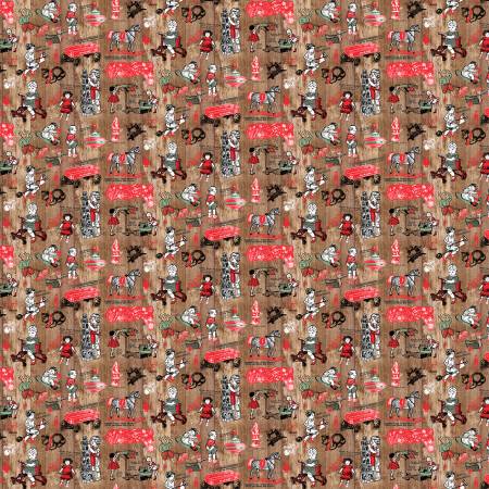 [7031S-83] Brown Vintage Toys on Woodgrain, Studioe Fabrics