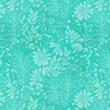 [4623-70] Aqua Floral Silhouette, Birds & Blooms, JK Stewart, Blank Quilting