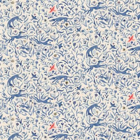 [PWAT009-CREAM] Dogs with Birds, Meadow, Backyard Wonder, Adam Trest, FreeSpirit Fabrics