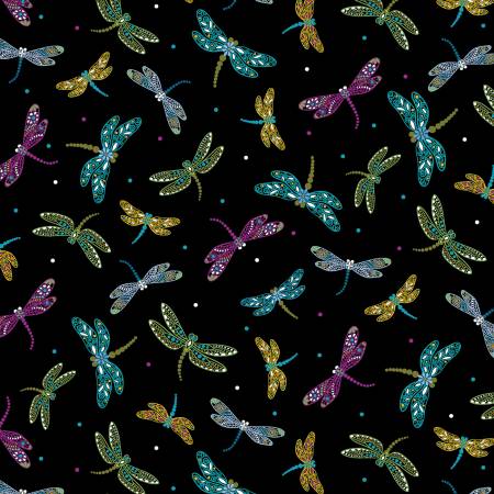 [15076-12] Bejeweled Dragonflies Black, Jacobean Garden, Benartex