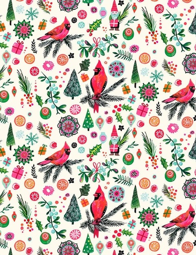 [STELLA-DMB1847] Cardinal Fabric, Christmas Cotton, Gnomes, Botanical Christmas Fabric, Miriam Bos, Dear Stella