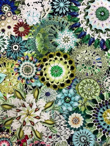 [FCRO 4774 G] Floral Cotton Wide back, Green Crochet Flowers by P&B Textiles