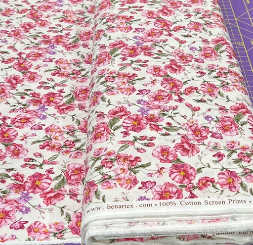 [13552-26 Anthemy Rose] Pink Floral Cotton Fabric, Anthemy Rose, Eleanor Burns, Benartex Fabrics