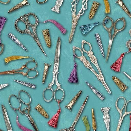 [DDC11024-TEAL] Scissors Cotton Fabric, Antique Scissors, Vintage Sewing Stash, Michael Miller Fabrics