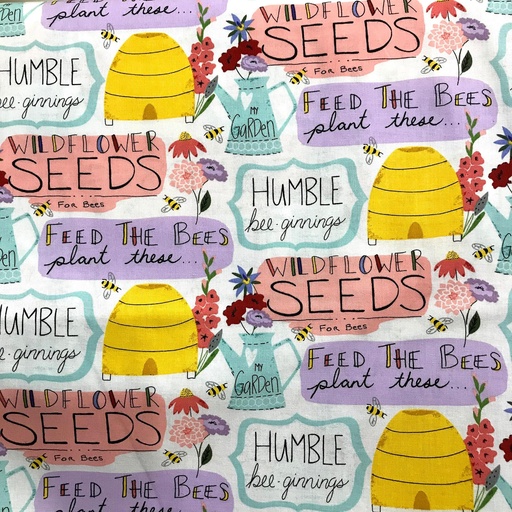 [17215-WHITE-CTN-D] White Garden Words, by Deane Beesley, Feed the Bees, From 3 Wishes Fabric