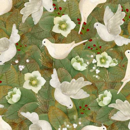 [20922-GRN-CTN-D] Flying Doves Green, French Countryside Christmas, 3 Wishes