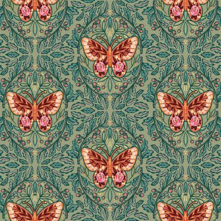 [20827-GRN-CTN-D] Mirrored Butterfly Green, Folk Flora