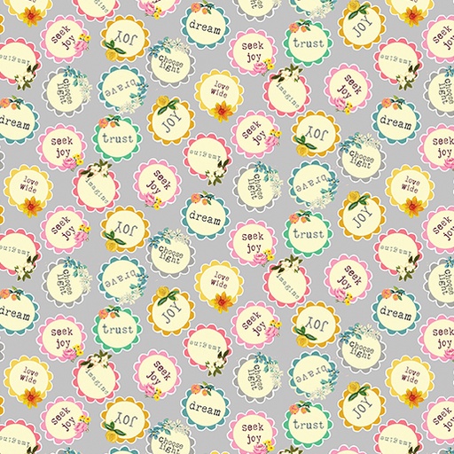 [16023-08 (GREY)] Word Medallion Gray, A Beautiful Life, Kelly Rae Roberts, Benartex Fabrics