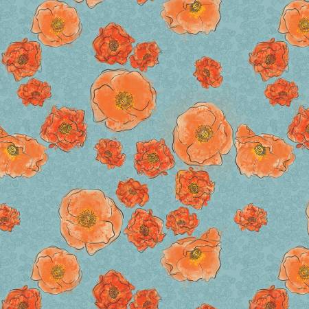 [1659383B] Treasured Poppies Turquoise, Modern Vintage, Benartex Fabrics